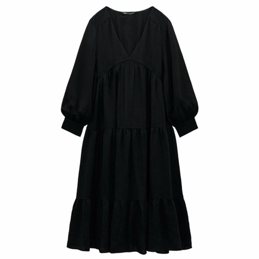 Zara black textured midi dress with puff sleeves